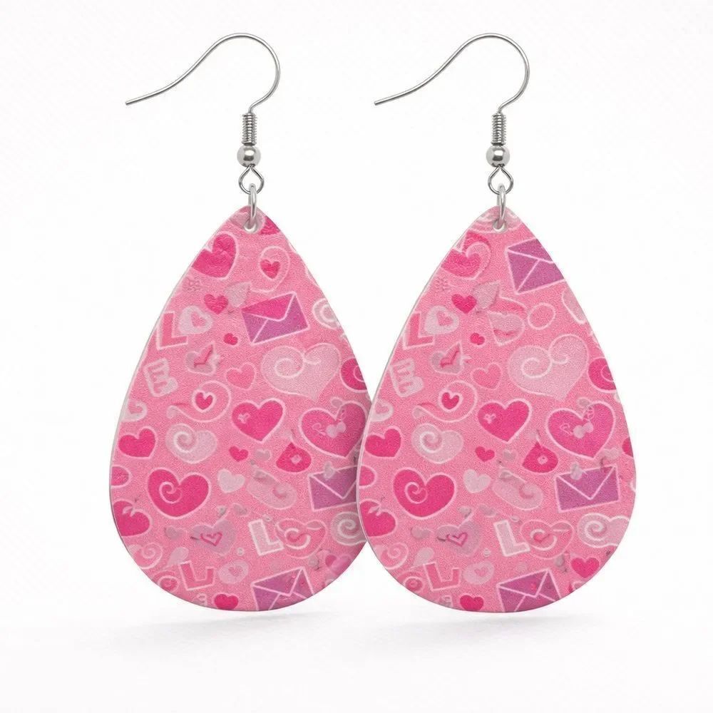 3For$20 Pink Heart Love Patterned Teardrop Earrings NEW